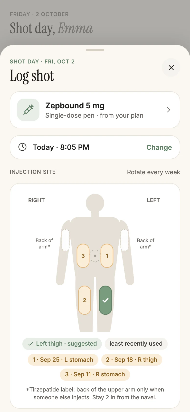 Log shot sheet with a body map that suggests the left thigh as the next injection site based on the last three sites.