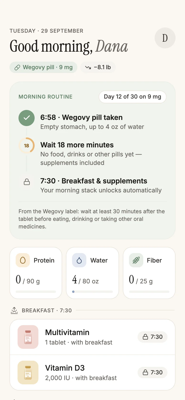 Today screen for a Wegovy pill user: the pill is logged and supplements unlock after the 30-minute wait from the label.