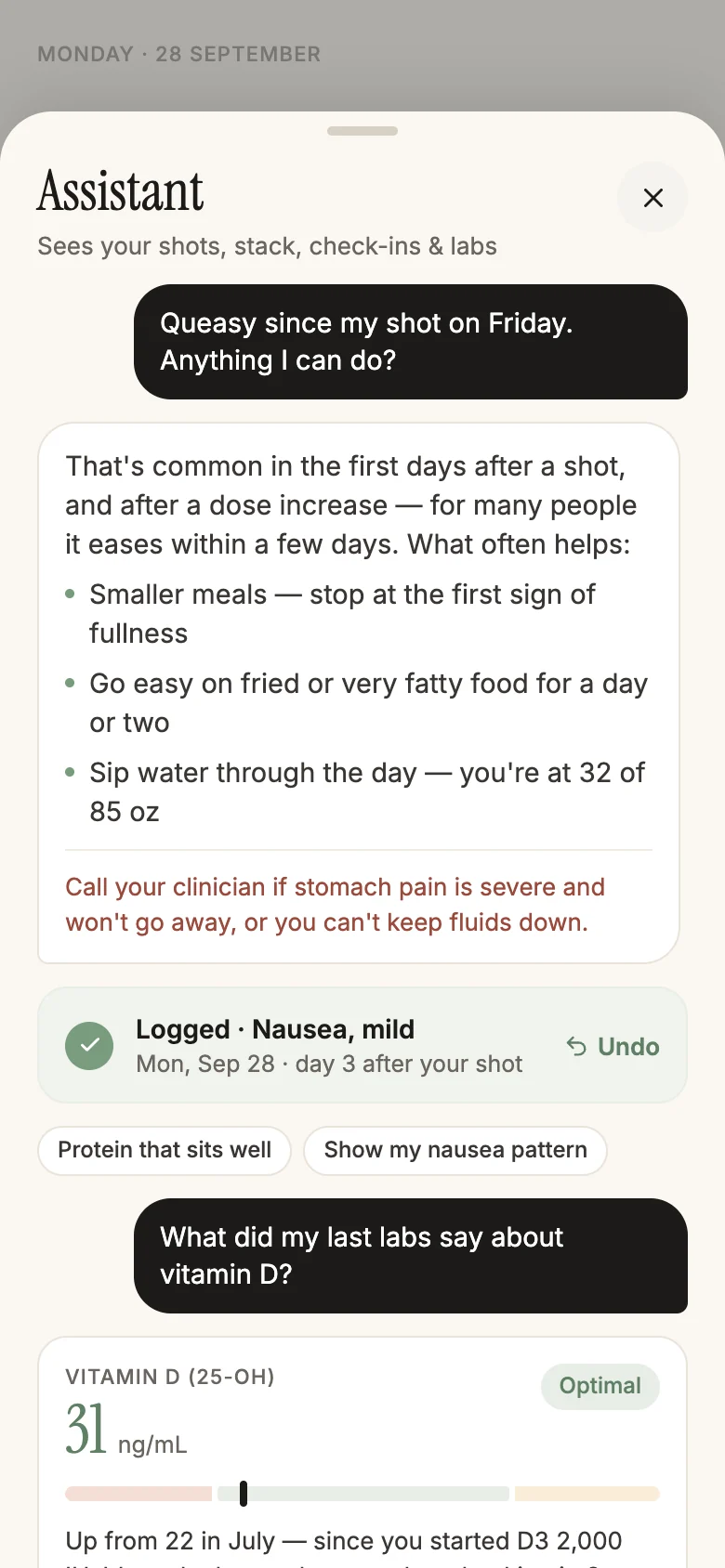 AI assistant answering a question about nausea after a shot and logging the symptom from the chat.